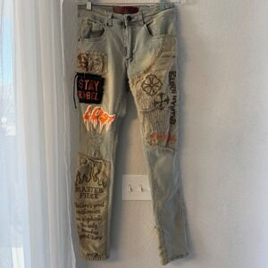 R3bel Fuel Your Passion Mens 28x32 Distressed Patchwork Graphic Slim Jeans Light
